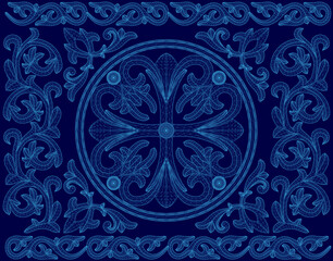 Blue design with a blue circle in the center. The circle is surrounded by a blue border