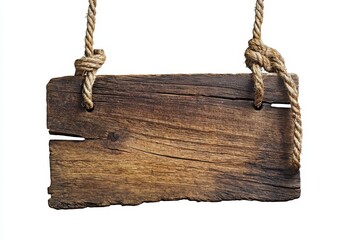 Rustic wooden sign hanging with rope.