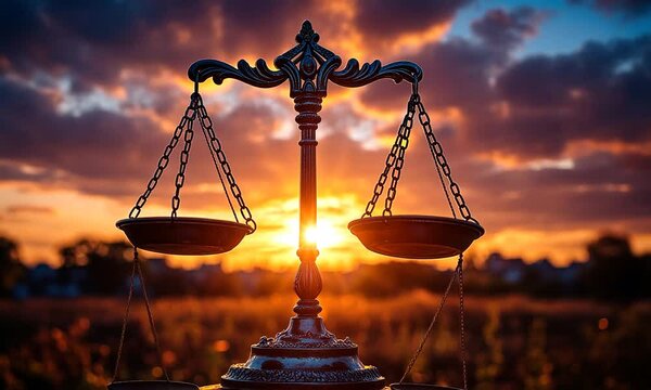 Scales of Justice at Sunset: Symbol of Balance and Fairness