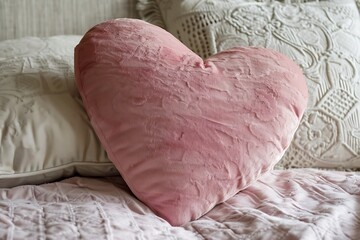 soft pink heart-shaped pillow on light-colored bedspread