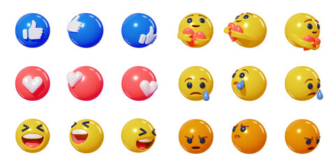 set 3d render realistic emoji in various points of view