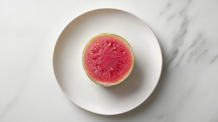 Fresh watermelon half on a white plate.