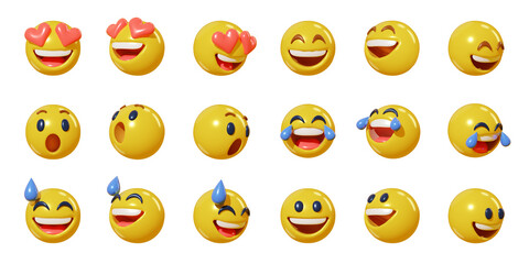 set 3d render realistic emoji in various points of view