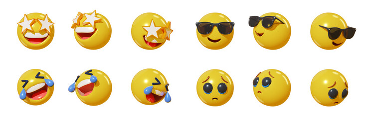 set 3d render realistic emoji in various points of view