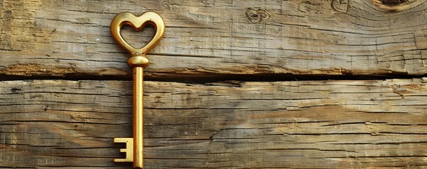 gold key in shape of heart on rustic wooden table