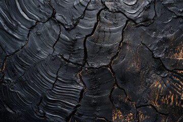 Close-up of cracked, black, charred wood texture.