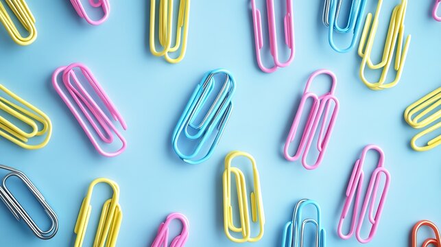 Office paper clips in blue, pink, yellow, silver and black. School supplies. Stationery elements. background with white color. 3D illustration