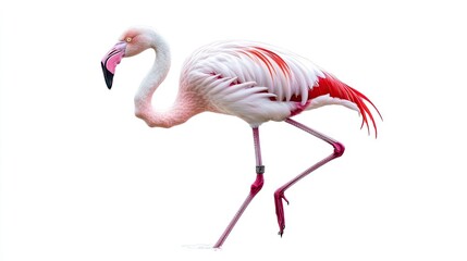 Naklejka premium A pink flamingo standing on one leg, showcasing its vibrant plumage and unique posture.