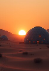 Obraz premium Desert Dome Structures Sunset Golden Hour Scenic View