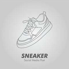 Vector illustration of sneakers sports shoes. Social media ad. Hand drawn sneakers, gym shoes. Doodle vector illustration. Sports shoes in a line style. Continuous one line. Sneaker social media post 