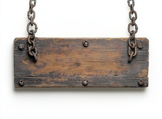 Rustic wooden sign hanging on chains.