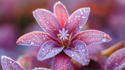 Fototapeta premium Macro photography of crystalline snowflake resting on purple lily petal, soft focus background, ethereal winter morning light, frosted petals with dew drops, dreamy pastel tones, high detail nature
