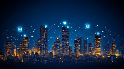 Obraz premium Illuminated Cityscape with Network Connections at Night