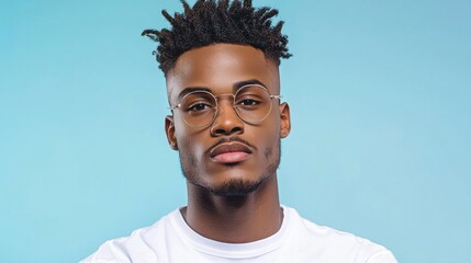 Fototapeta premium Confident Young Male with Glasses Against a Blue Background