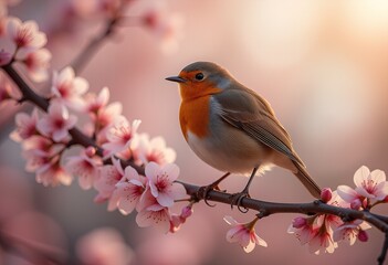 Fototapeta premium Robin perched on cherry blossom branch at sunrise