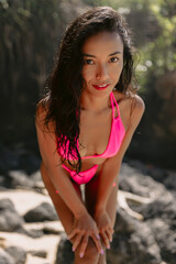 Obraz premium Portrait of gorgeous woman in bikini relax at tropical beach. Beautiful slim girl at ocean coast