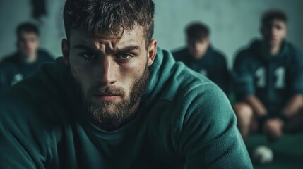 Obraz premium Sports captain rallying their team in a locker room, highlighting key plays for a championship game, focus, prioritization, leadership