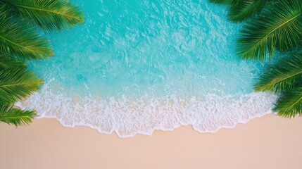 Aerial view of turquoise water gently lapping against a sandy beach, framed by lush green palm leaves.