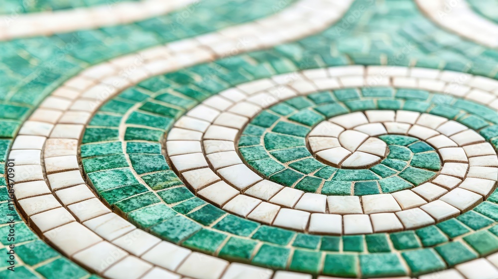 Poster Mosaic abstract background concept. Detailed close-up of a beautiful green and white mosaic tile design in intricate patterns.