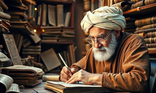Elderly Muslim scholar surrounded by ancient manuscripts and scrolls in a dimly lit study, wearing reading glasses and a traditional turban