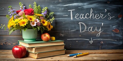 Chalkboard with Flowers: Happy Teacher's Day Stock Photo