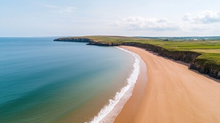 A serene beach scene with golden sands, gentle waves, and lush green cliffs under a clear blue sky, perfect for relaxation and nature appreciation.