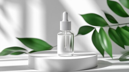 Glass dropper bottle with clear serum on white platform, surrounded by green leaves and sunlight.