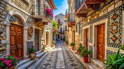 Naklejka premium Charming Traditional Street in Pyrgi Village, Chios Island, Greece - High-Resolution Stock Photo