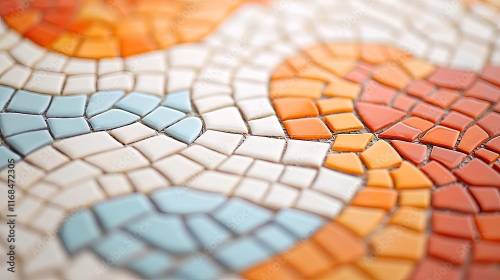 Poster Mosaic abstract background concept. Close-up of a colorful mosaic pattern with vibrant tiles in orange, blue, and white.