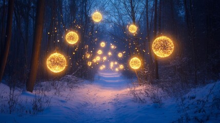 mystical snowy forest lane at dusk, warm glowing orbs of light, falling snowflakes in misty air, crystalline frost covered branches, deep blue winter shadows, tranquil snow covered ground, ethereal