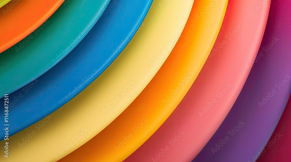 Poster Rainbow abstract background concept. Colorful plates arranged in a circular pattern showcasing vibrant hues and creativity.