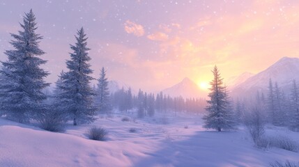 Naklejka premium peaceful winter wonderland scene with gentle snowfall, rolling snow drifts, majestic evergreen forest silhouettes, soft pastel dawn sky, pristine snowy landscape, tranquil winter morning, delicate