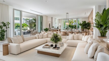 Fototapeta premium Luxurious contemporary living room with open floor plan, large sectional sofa, and outdoor access.