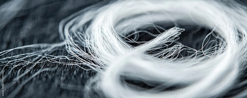 Poster Ink abstract background idea. Close-up of white thread coiled on a dark surface, showcasing texture and detail.