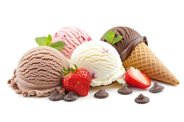 Vanilla  strawberry  chocolate  mint ice cream scoops in cones isolated on white background