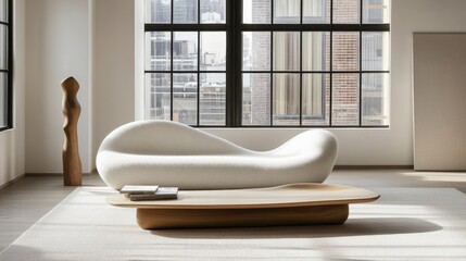 Modern white sculptural sofa and wooden coffee table in minimalist loft.