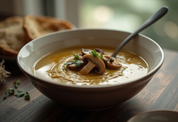 Creamy mushroom soup garnished with fresh herbs