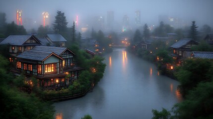 Fototapeta premium Foggy Cityscape with Illuminated Houses by Water