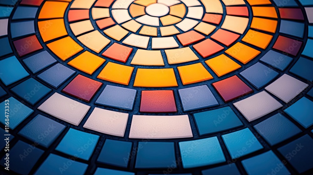 Poster Mosaic abstract background concept. Vibrant mosaic pattern featuring colorful tiles arranged in concentric circles.