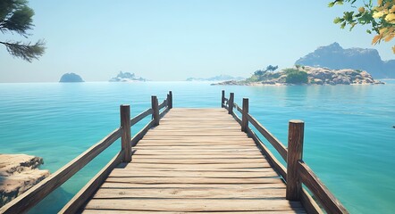 Obraz premium A wooden walkway leading to an island in the middle of clear blue water, spring summer background