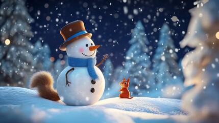 Fototapeta premium whimsical winter night scene with friendly snowman wearing brown top hat and blue scarf, gentle falling snowflakes, curious red squirrel companion, majestic turquoise pine forest backdrop, deep navy