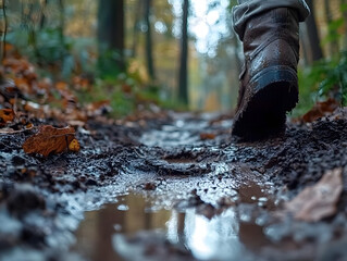Naklejka premium A muddy trail in a forest during autumn.