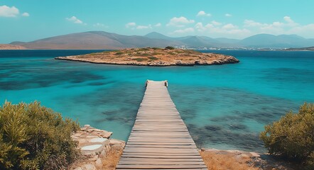 A wooden walkway leading to an island in the middle of clear blue water, spring summer background