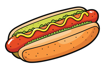 Illustration of a hot dog topped with mustard and lettuce in a soft bun, perfect for food themes, fast food promotions, or menu designs
