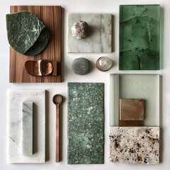 make some moodboards including bronze materials, with glass and stones and woods and green matching with bronze and copper, 