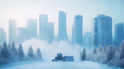 contemporary winter cityscape with industrial snow clearing vehicle, majestic urban towers in soft blue haze, snow covered pine guardians, delicate winter snowfall, serene metropolitan vista, clean
