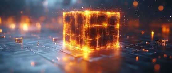 Glowing cube on futuristic surface.