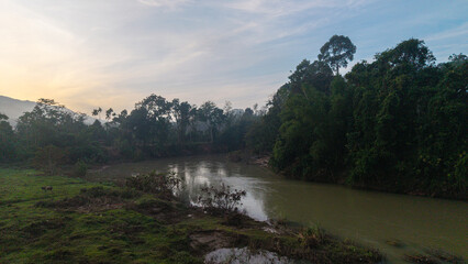 Aerial view tropical rainforest mountain background river forest river view