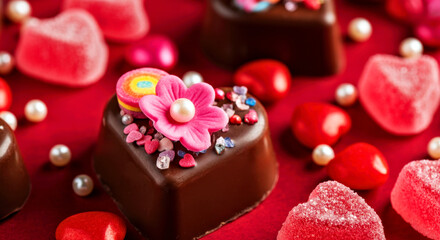 Heart-Shaped Valentine Chocolates and Candies on Red Background with Decorative Pearls. Valentine's day, Wedding or Birthday day sweet food