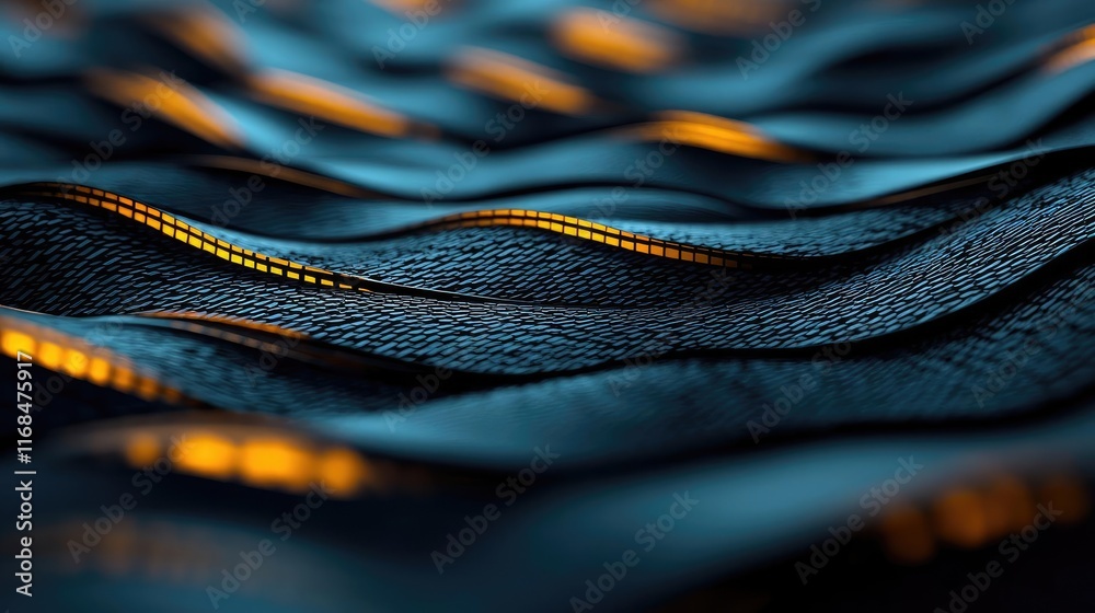 Poster Mosaic abstract background concept. Close-up of textured surface with waves and glowing elements in deep blue and gold hues.